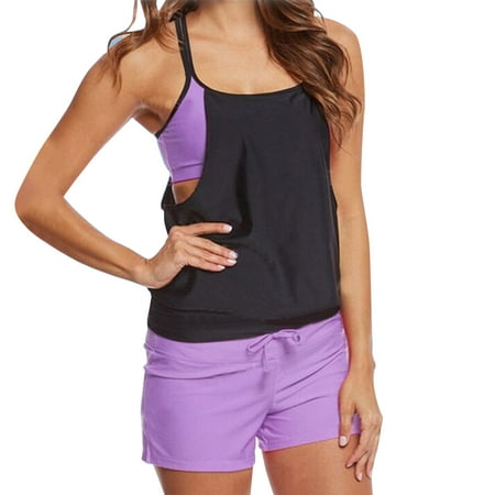 Yoodem Women Two-piece Swimsuit Tankini Swimsuits for Women Two Piece Swimsuits for Women Patchwork Tank Top with Boyshorts Bathing Suits Bathing Suit for Women Purple XL
