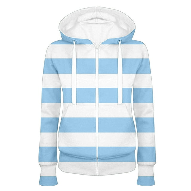 Mrat Chandail à Capuche Mode pour Femmes avec Cordon de Serrage, Ajusté, Fermeture Éclair, Décontracté, Col Rond, Tunique en Lin Rayée Imprimée, Bleu Clair_ff TG