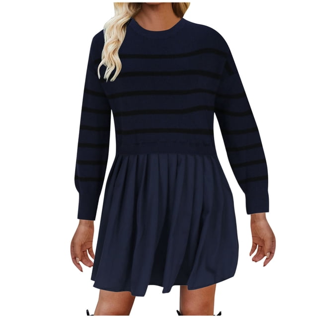cfhntfmh Robes pour Femmes Tricot Manches Longues Col Rond Pull Hauts Robe Décontractée Imprimé Patchwork Automne Robe Plissée Mini