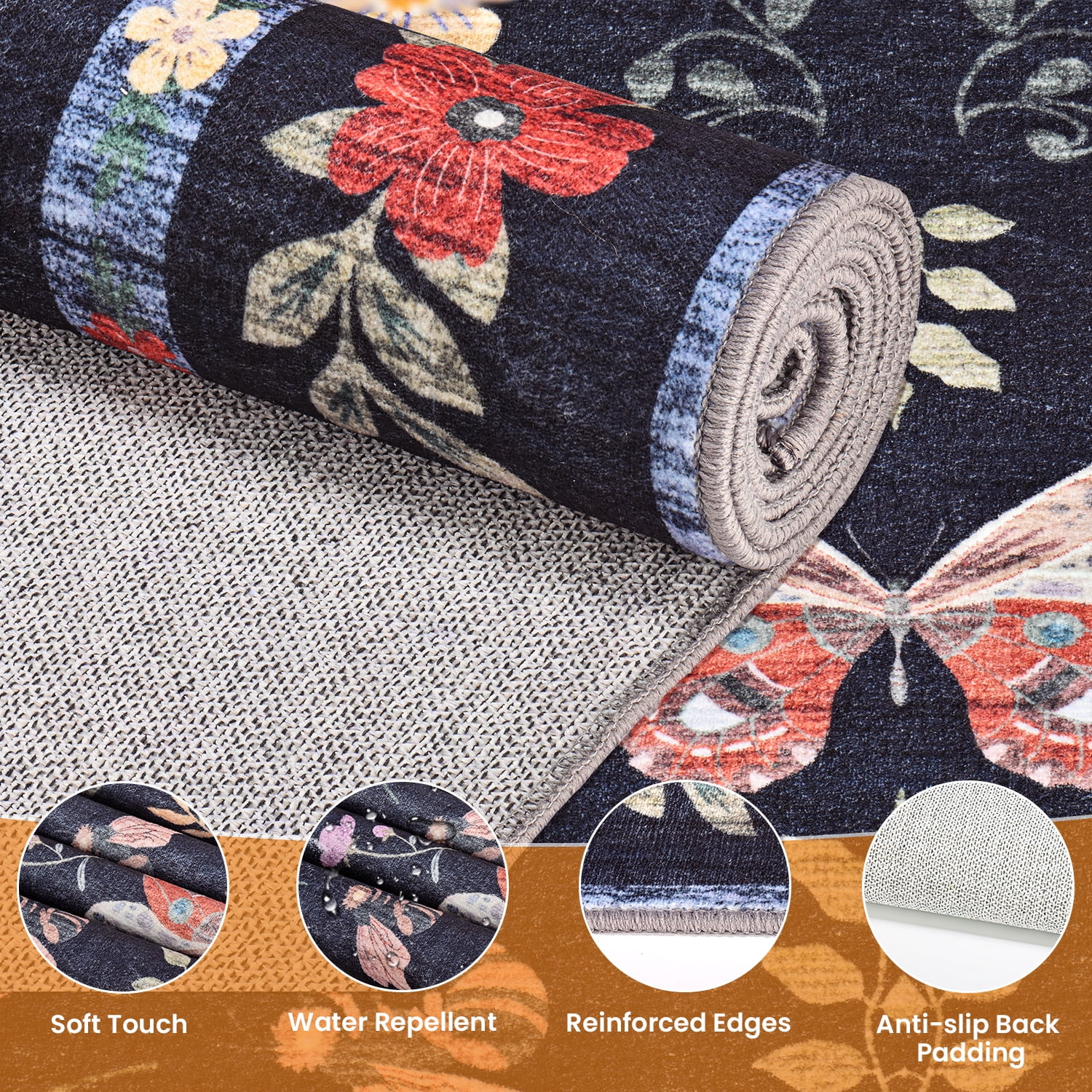 Area Rugs for Living Room, Homasen 5'x7' Washable Indoor Rug Boho Butterfly Black, Soft Low Pile Stain Resistant Carpet for Bedroom, Nursery, Office