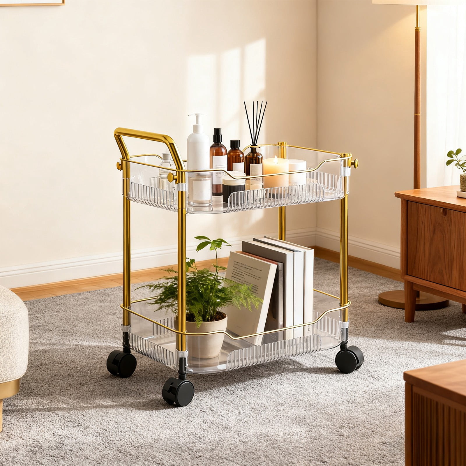 2-Tier Rolling Cart with Locking Wheels | Transparent Plastic Storage Organizer for Kitchen, Office, Bedroom | 43x35x26cm