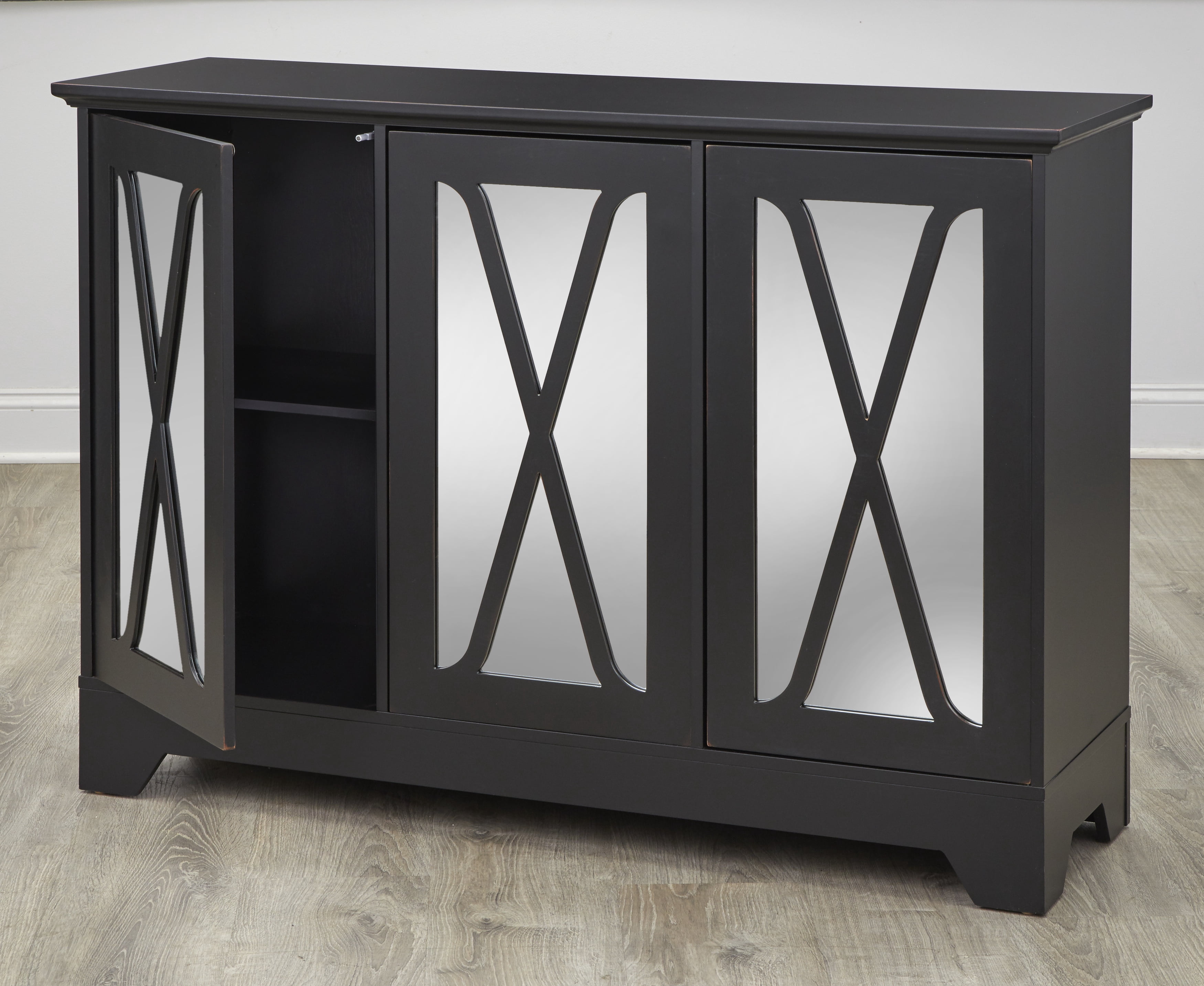TMS Reflections Transitional 52” Wide Dining Room Sideboard Buffet with Mirrored Doors, 35.4” High, Black Finish