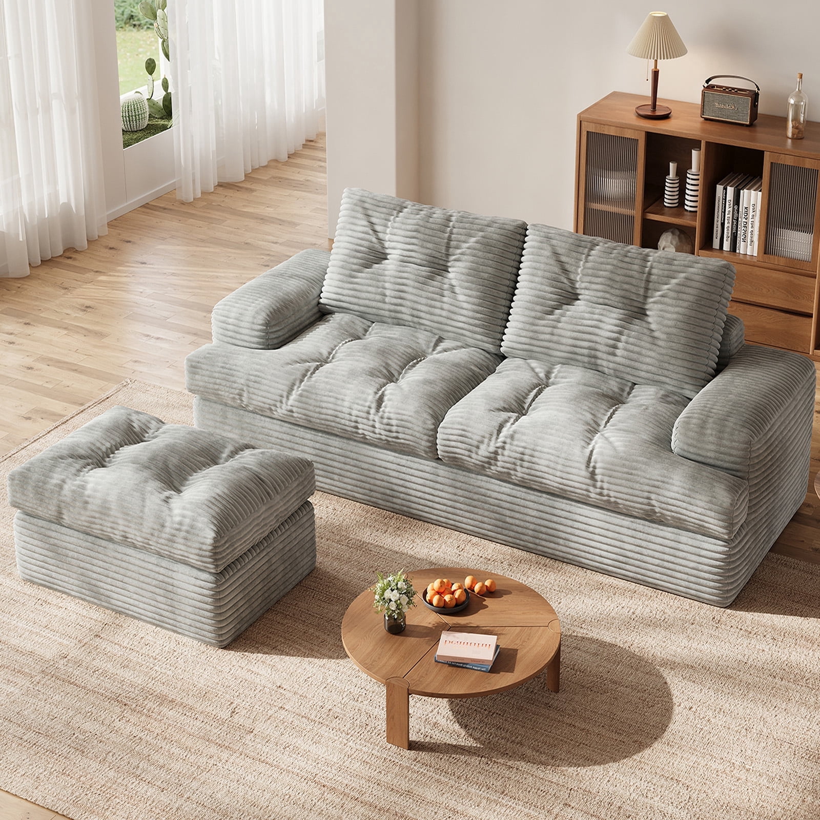 85" Modular Sectional Sofa for Living Room, L-Shaped Corduroy Cloud Couch with Ottoman, Two-Layer Cushion, No Assembly Boneless Sofa, Gray