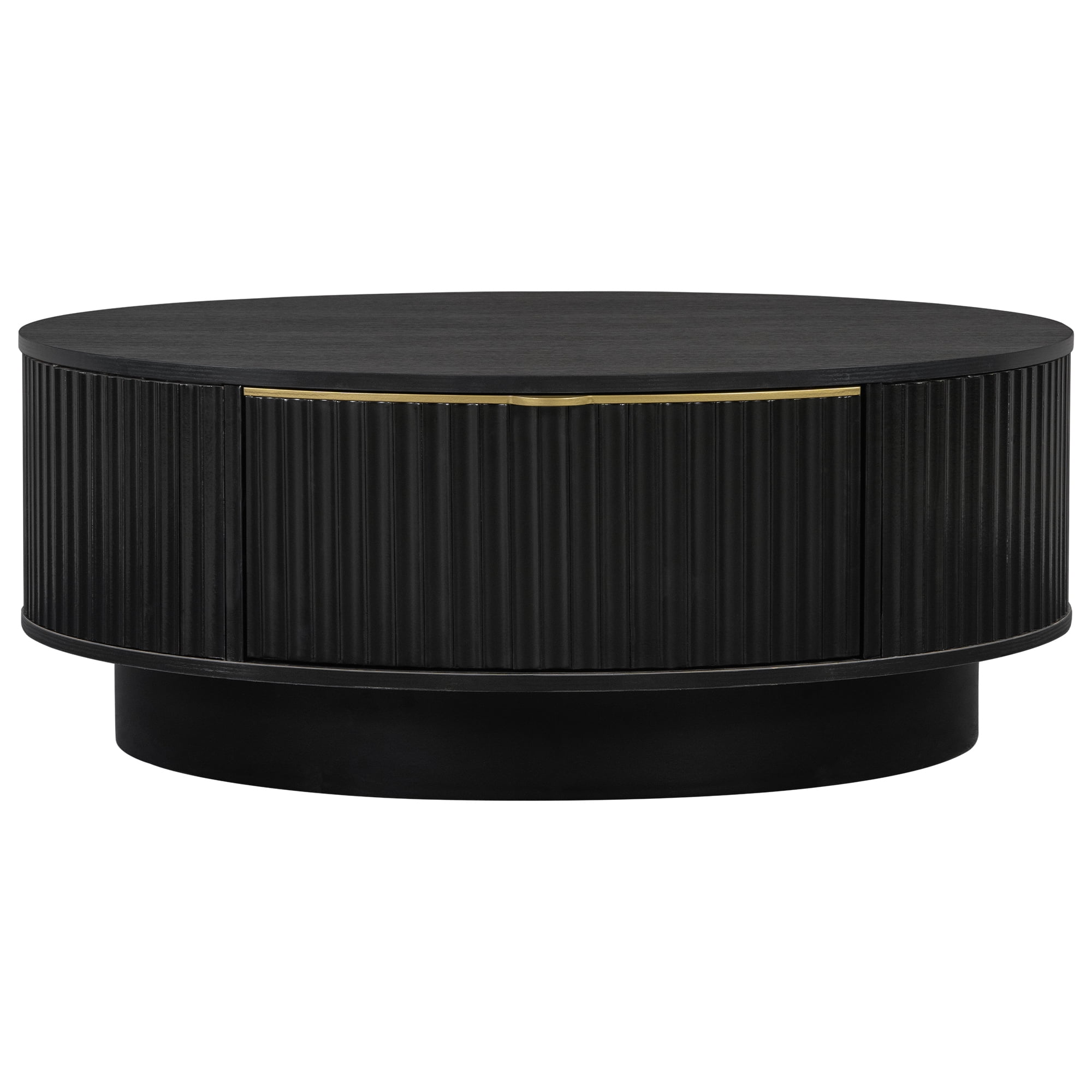 Leumius Round Coffee Table with Storage Drawer, Modern Fluted Coffee Table with Golden Handle, Wood Center Table for Living Room Black
