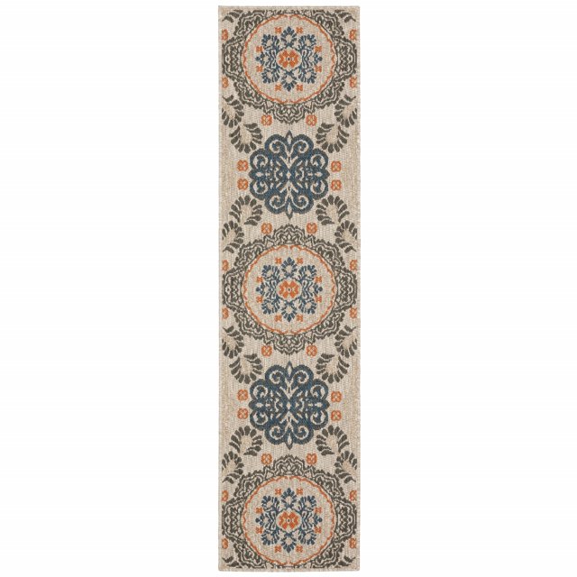 homeroots outdoors 388347 8' Grey Blue Floral Indoor Outdoor Runner Rug