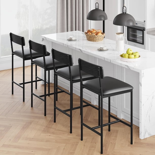 Set of 4 bar stools: 37 - pulgada, metal legs, pu asientos, backrest, kitchen height, forrado con footrest, para dining room, kitchen party (negra)