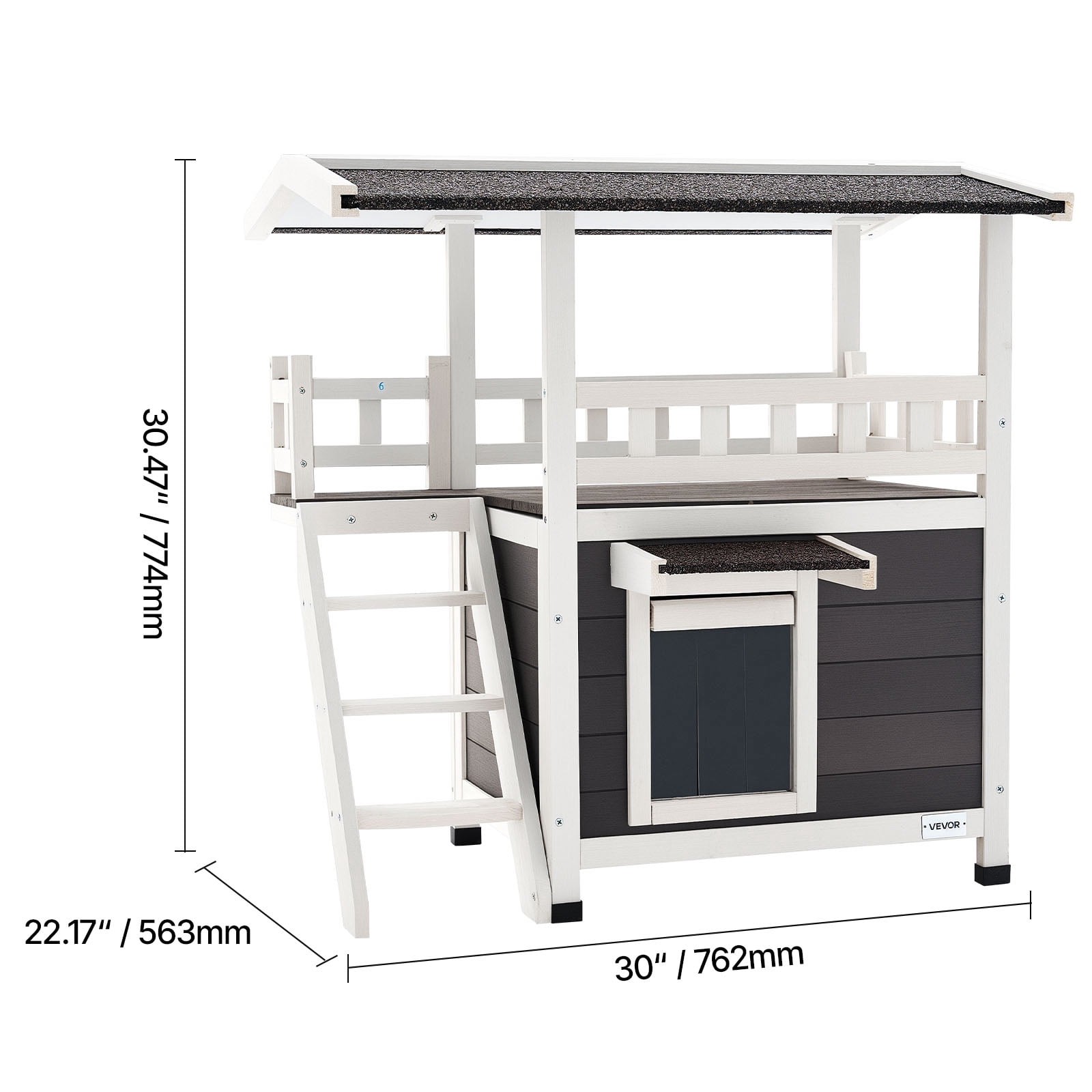 VEVOR Outdoor Cat House, 2-Story Wooden Cat Shelter with Stairs & Balcony, Elevated Feral Kitty Shelter, Spacious Room, Waterproof Cats Condos for Indoor & Outdoor Cats in Winter 30 x 22 x 30 in
