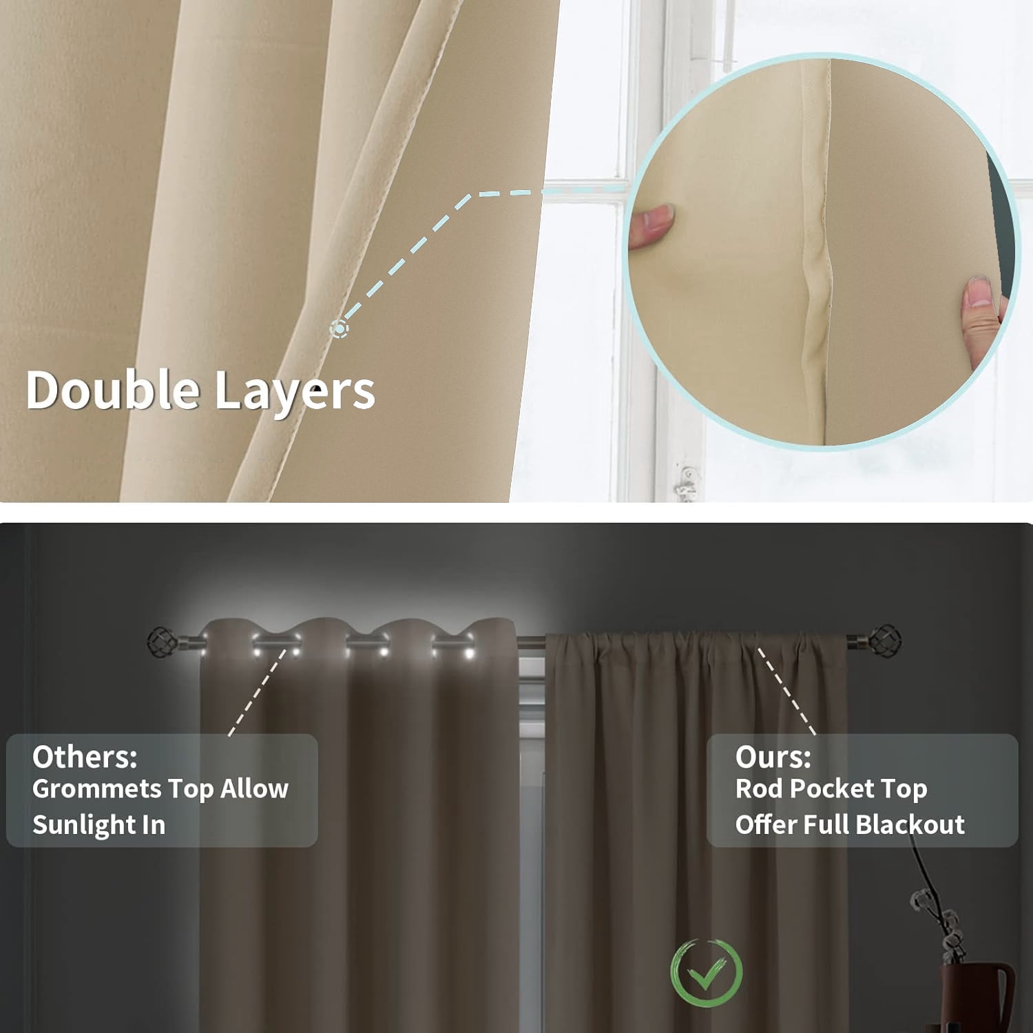 Beige Blackout Curtains 52x84 inch, Rod Pocket Curtains Set of 2 Thermal Insulated, Solid Home Decor Window Drapes for Living Room Bedroom, Privacy Assured&Energy Saving