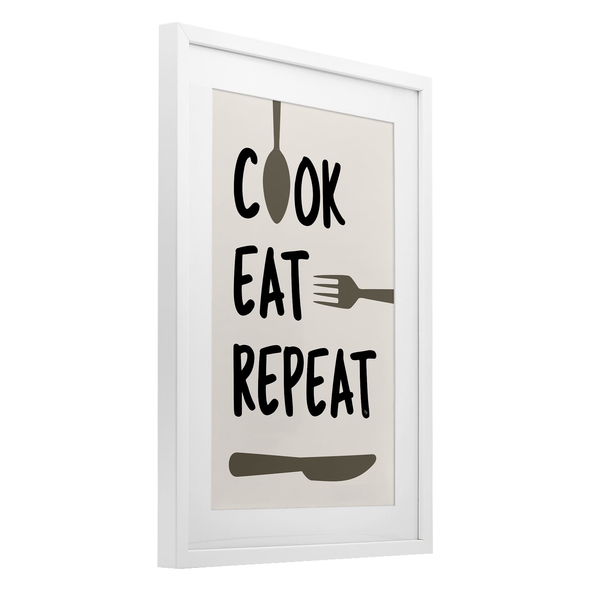 Stupell Industries Cook Eat Repeat with Utensils White Framed Print Under Glass, design by Martina Pavlova