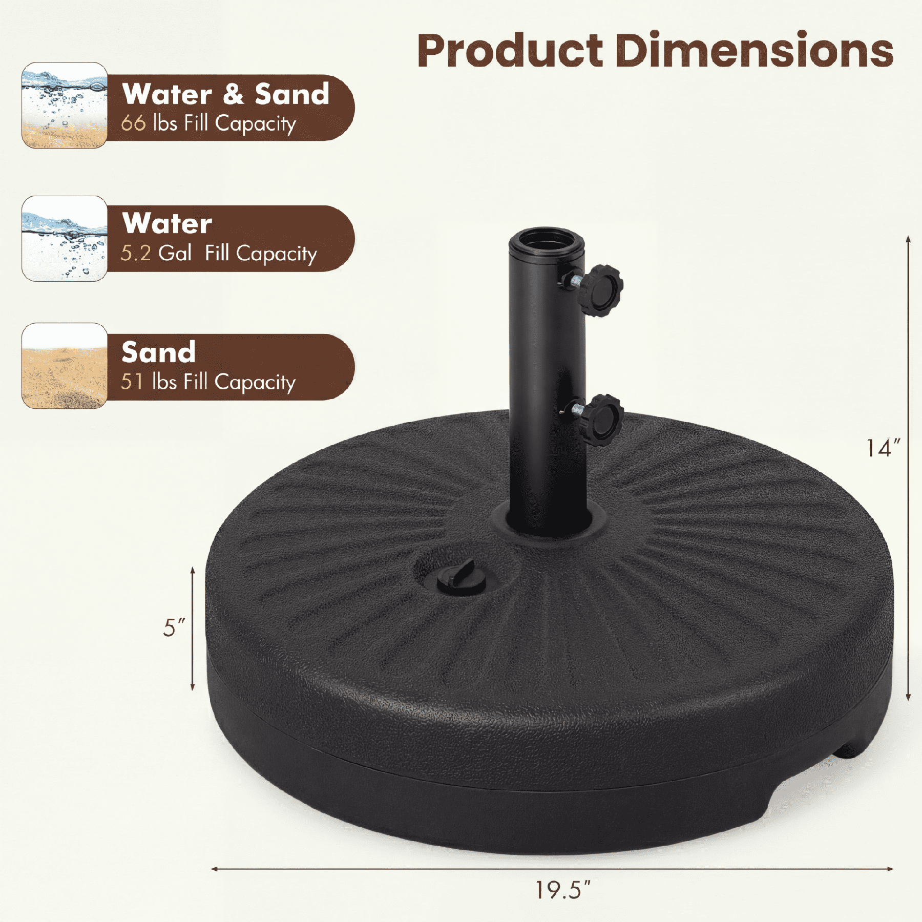 ELLEGNT Heavy-Duty Patio Umbrella Base Stand - 19.5" Round, Fillable, Fits 1.5" /1.9" Poles