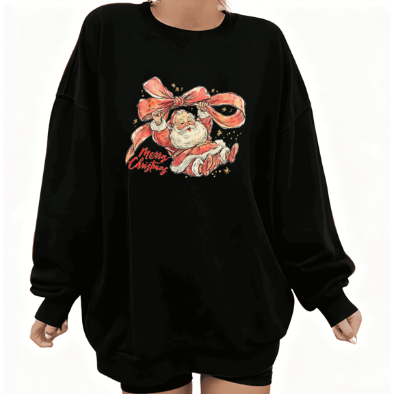 Merry Christmas Bow Santa Tee T-Shirt Print Top Breathable and Commuting Round-neck long-sleeved Black S-3XL