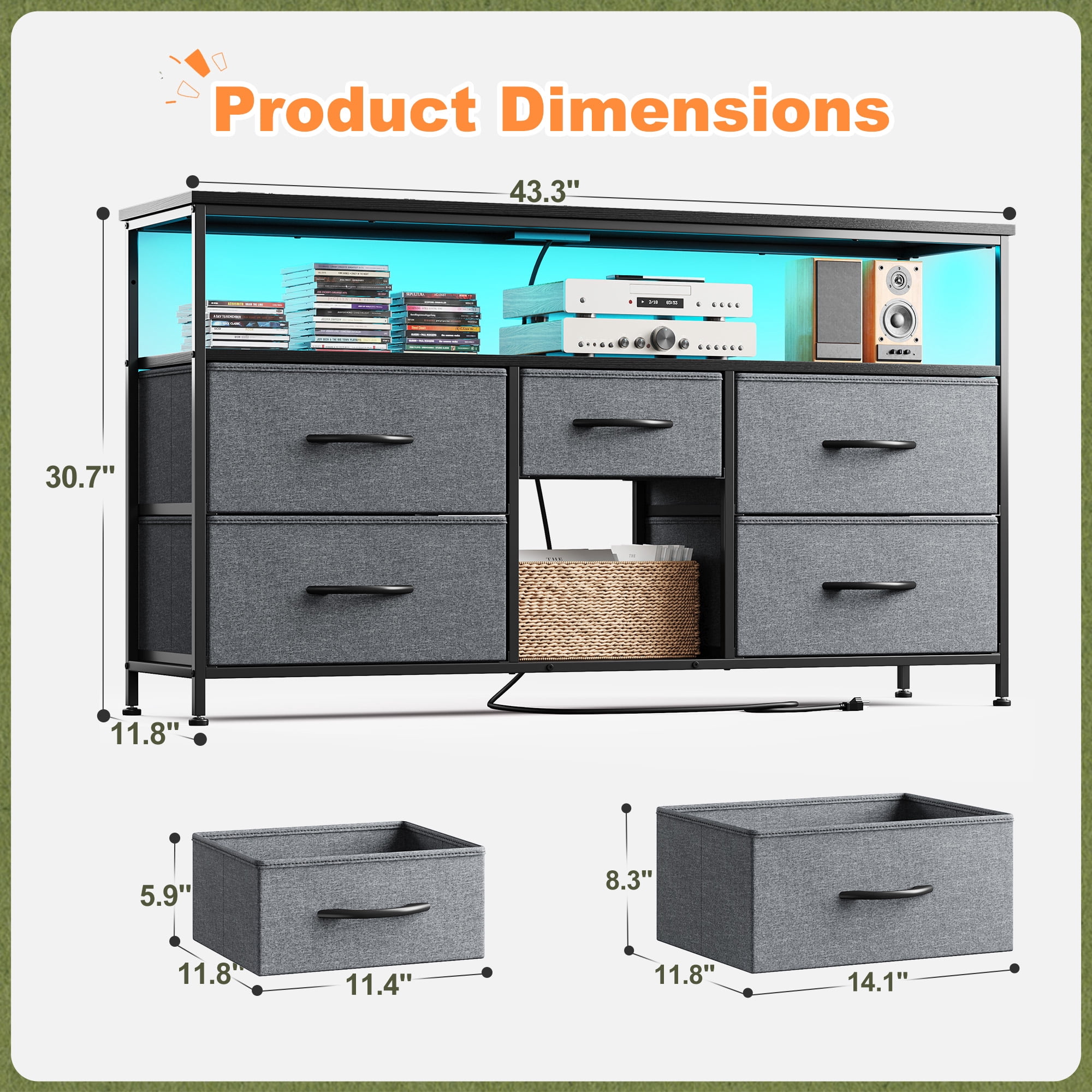 Wide Dresser with 5 Drawers for 50" TV Stand with Power Outlets & LED Lights & Entertainment Center,Dressers for Bedroom with Shelves for Living Room, Sturdy Metal Frame, Grey