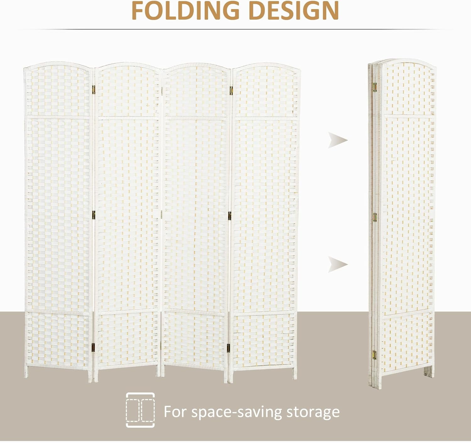 MONGJI Room Divider, 4 Panel Folding Privacy Screen, 5.6' Tall Freestanding Wall Partition for Home Office, Bedroom, White