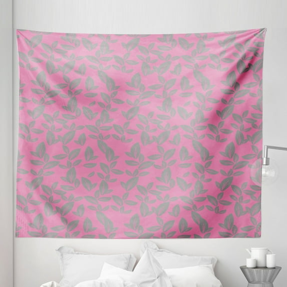 Floral Tapestry, Big Grey Flower Petals on Pink Background Falling Leaves Natural Theme Art, Fabric Wall Hanging Decor for Bedroom Living Room Dorm, 5 Sizes, Pink and Grey, by Ambesonne