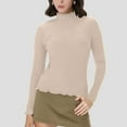 thumbnail image 6 of Mifsaly Long Sleeve Thermal Tops Women Scallop Mock Neck Slim Fit Undershirts Breathable Soft Stretchy Ribbed Shirts Going Out Fall Winter Pullover Basic Blouse Beige, 6 of 8
