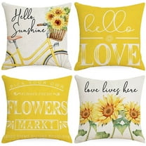 Hello Love Sunflower Bicycle Yellow Throw Pillow Covers, 16 x 16 Inch Flowers Summer Spring Cushion Case for Sofa Couch Set of 4