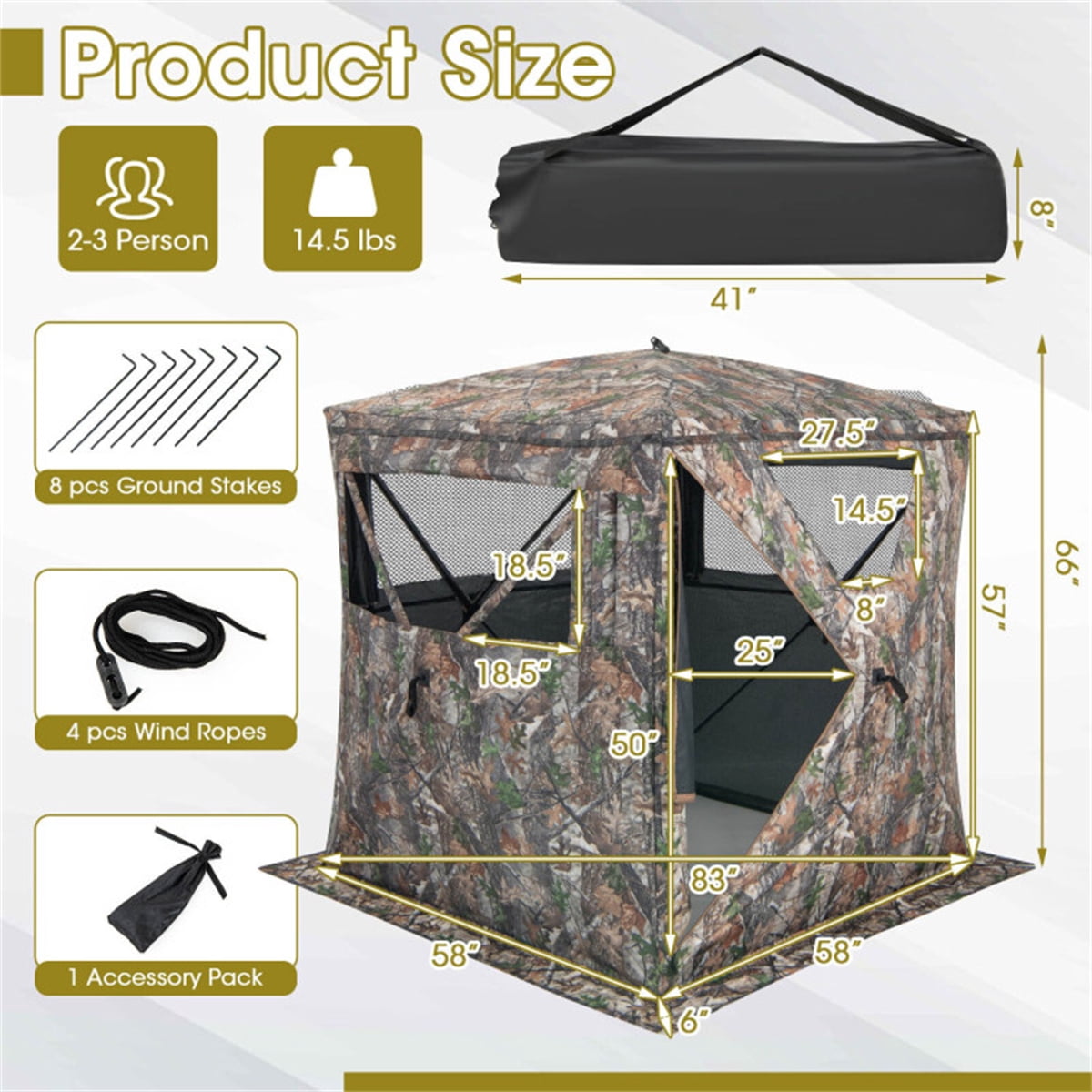 Pop-up Stealth Hunting Blind, 150D Flame-Retardant Blackout UV50+ Waterproof, Fiberglass Frame