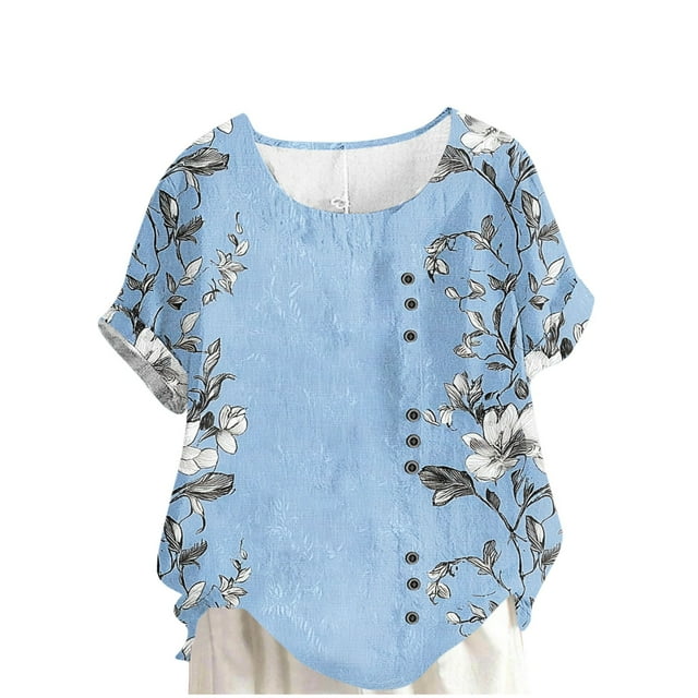 Vestidos Casuales Para Mujer, Blusas De Mujer De Moda Blusa de lino informal con botones y manga corta estampada para mujer