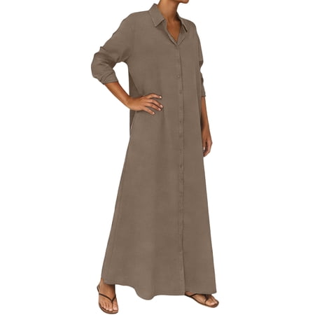 DGMIOCS Women’s Linen Blend Long Sleeve Dress with Pockets for Everyday Wear Relaxed Fit Maxi Style for Spring and Summer Women s Wardrobe Coffee XXXXXL