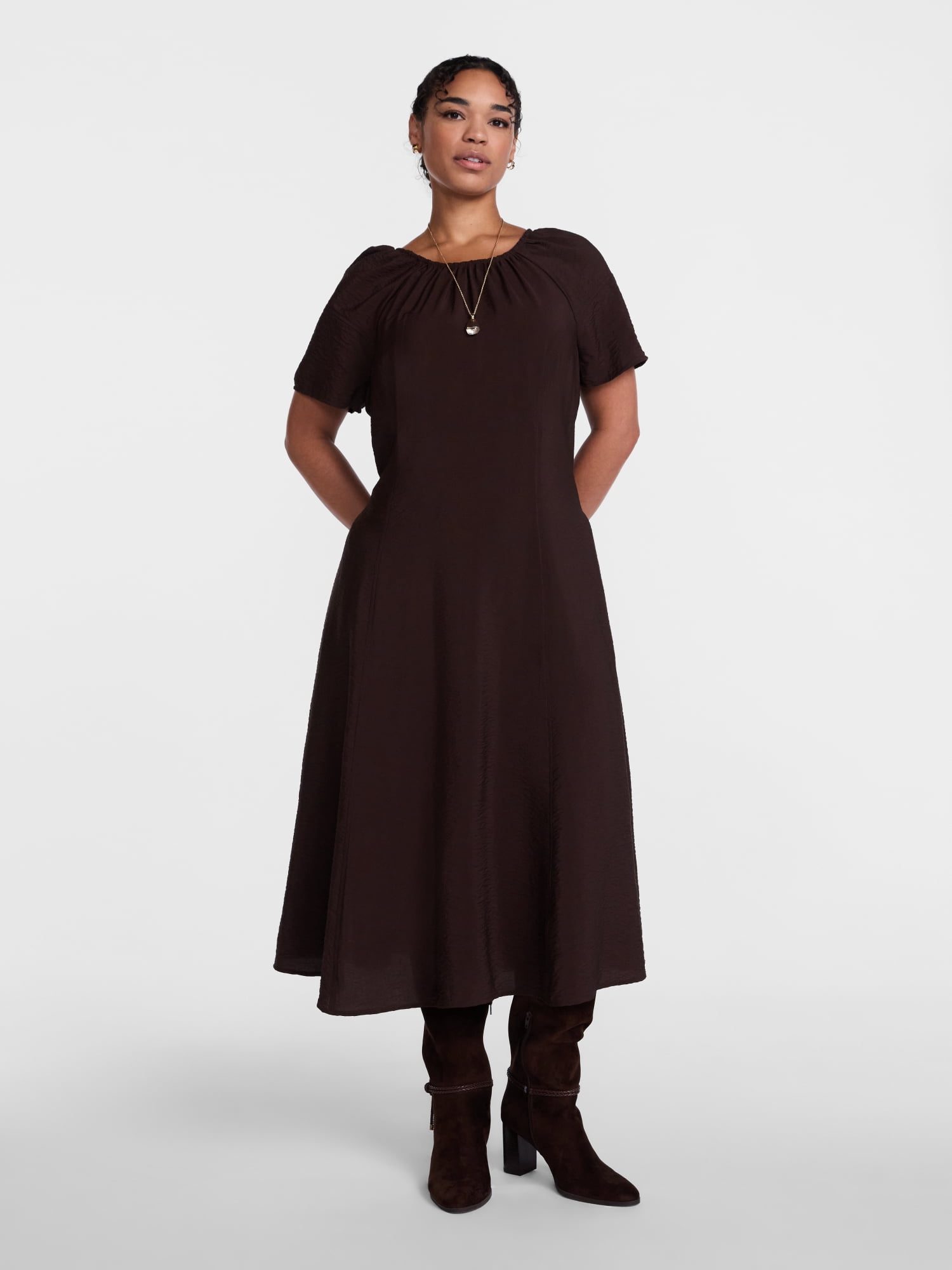 Scenario Women's and Women's Plus Puff Sleeve Seamed Dress, Sizes XS-4X