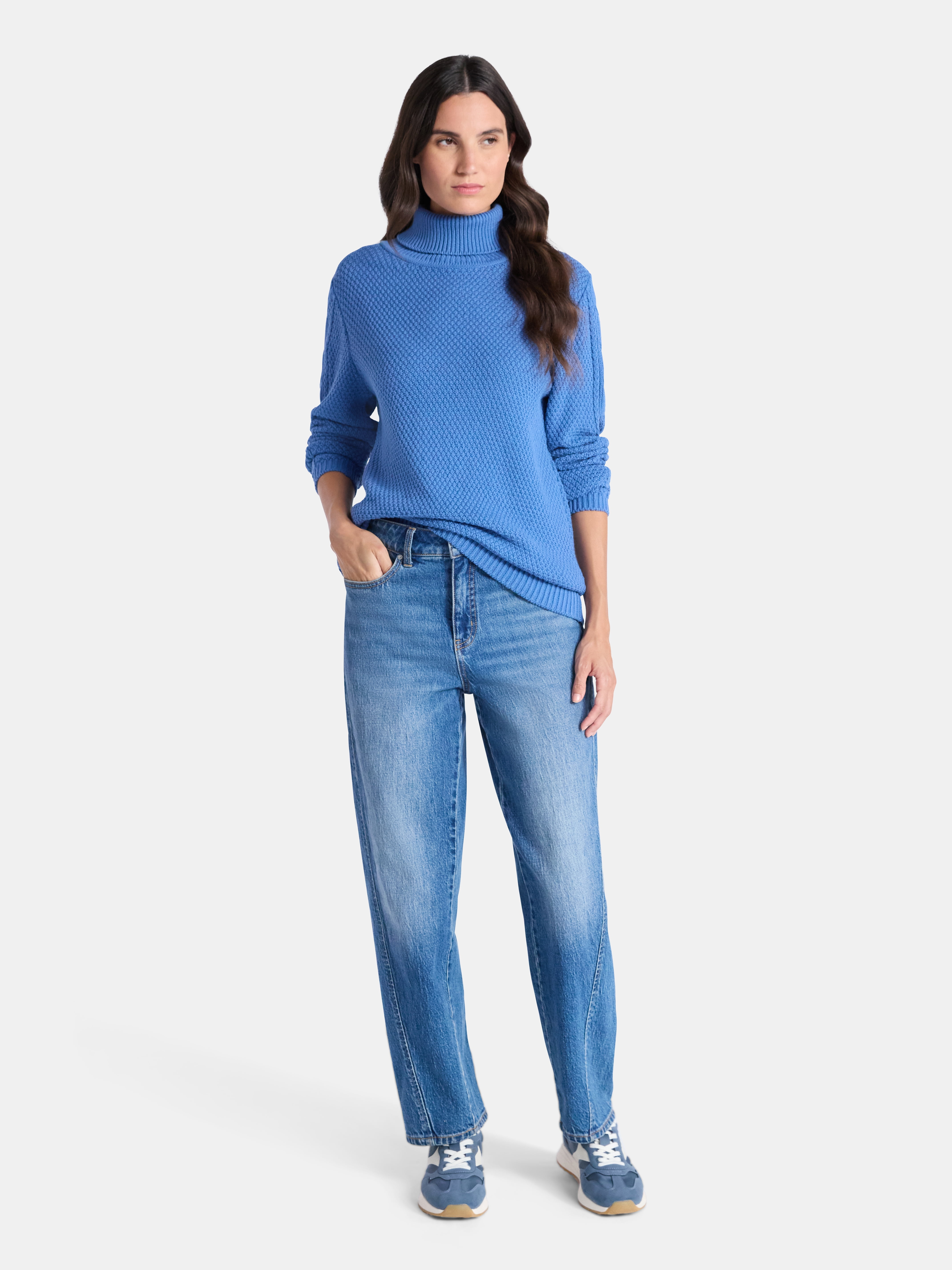 Time and Tru Women’s and Women’s Plus Turtleneck Sweater with Cable Sleeves, Midweight, Sizes XS-4X