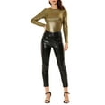 thumbnail image 2 of INSPIRE CHIC Women's Shiny Top Long Sleeve Round Neck Regular Fit Sparkly Evening Blouse XS Black Gold, 2 of 8