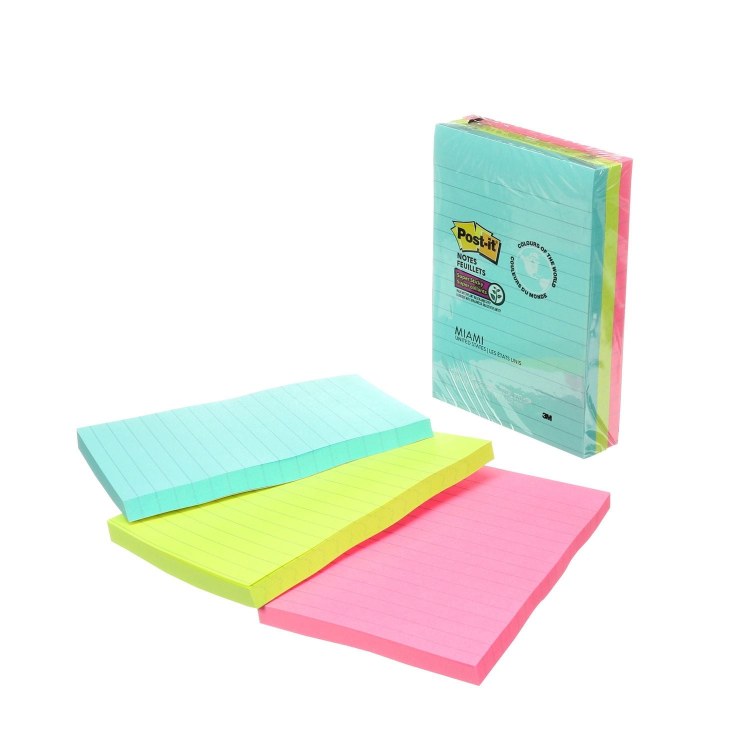 Feuillets super collants Post-it®, collection Miami, ligné, 10 cm x 15 cm (4 po x 6 po), 90 feuillets/bloc, 3 blocs/emballage Feuillets SC Post-it®, Miami