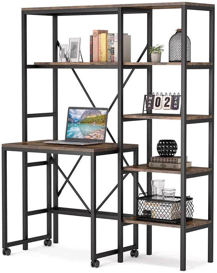 Mobile Computer Desk with 5 Shelves&Monitor Stand Black Rustic Brown Study Table 