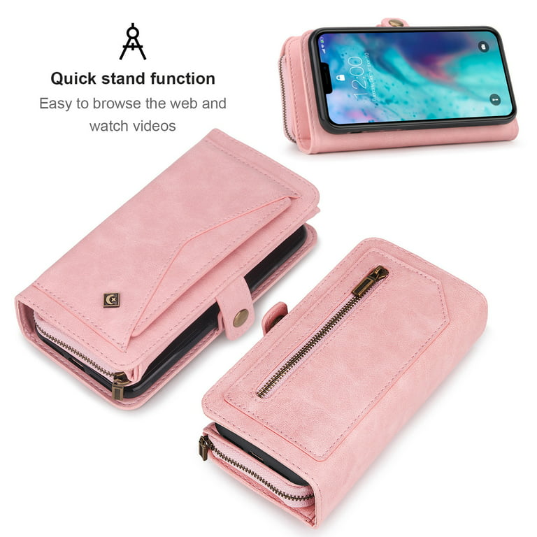 POLA iPhone 13 Pro Max Magnetic 2 in 1 Detachable Zipper Leather Tri-fold  Wallet Case Pink