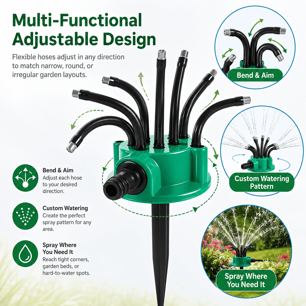 360° Coverage Precision Garden Irrigation Sprinkler, Multi-Adjustable Rotating Design with Spike Base, for Yard Lawn Flower Bed
