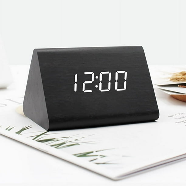 (Negro) Reloj despertador digital de madera con brillo ajustable, control de voz, reloj LED rectangular con pantalla de hora y temperatura, decoración del hogar