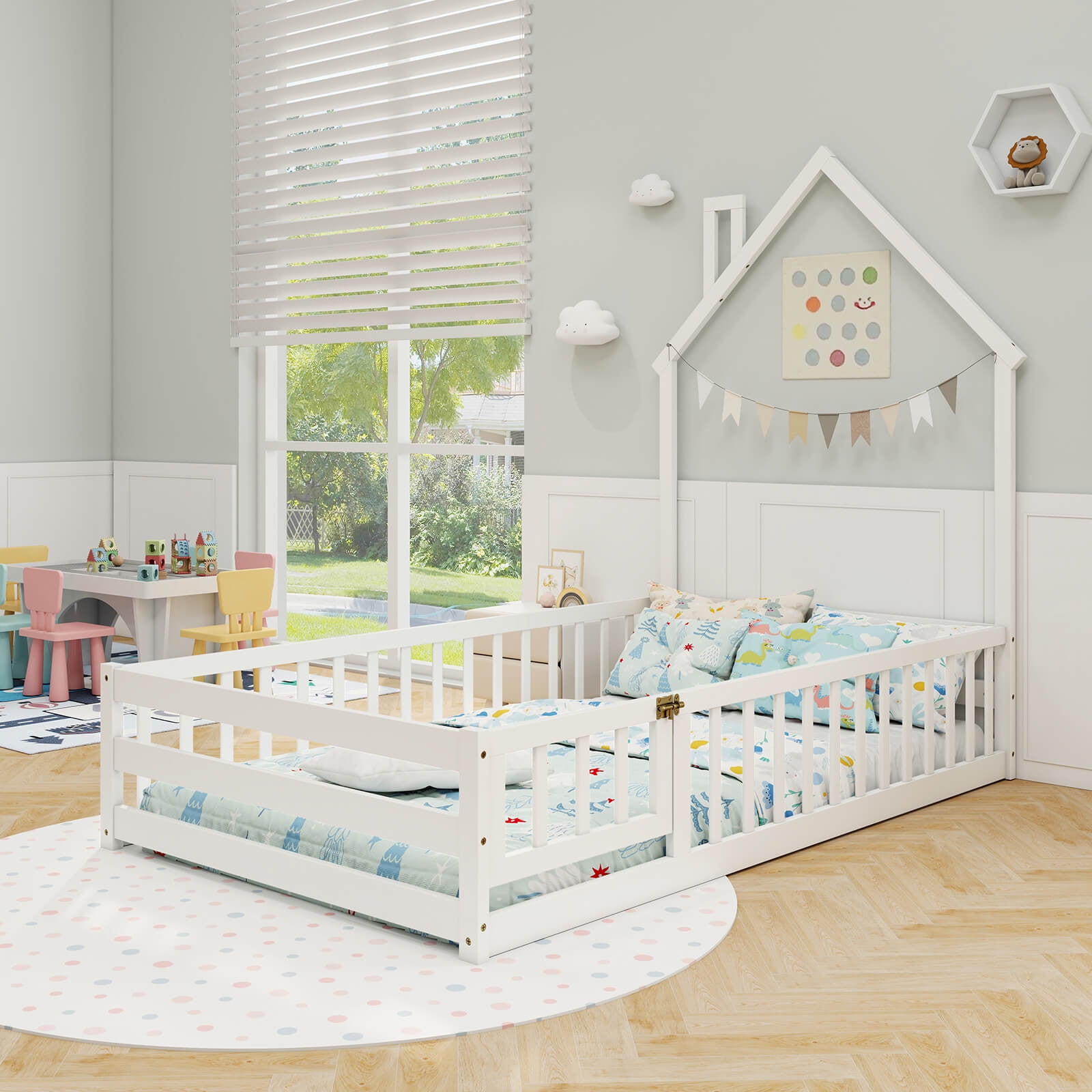Costway Twin Size Montessori Floor Bed for Toddler with Lockable Door Full-Length Guardrail White