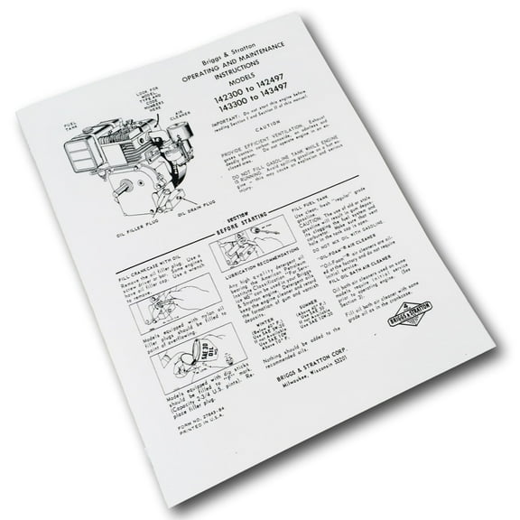 Briggs And Stratton 6Hp Engine 142300 To 142497 Operating Manual Operators Point