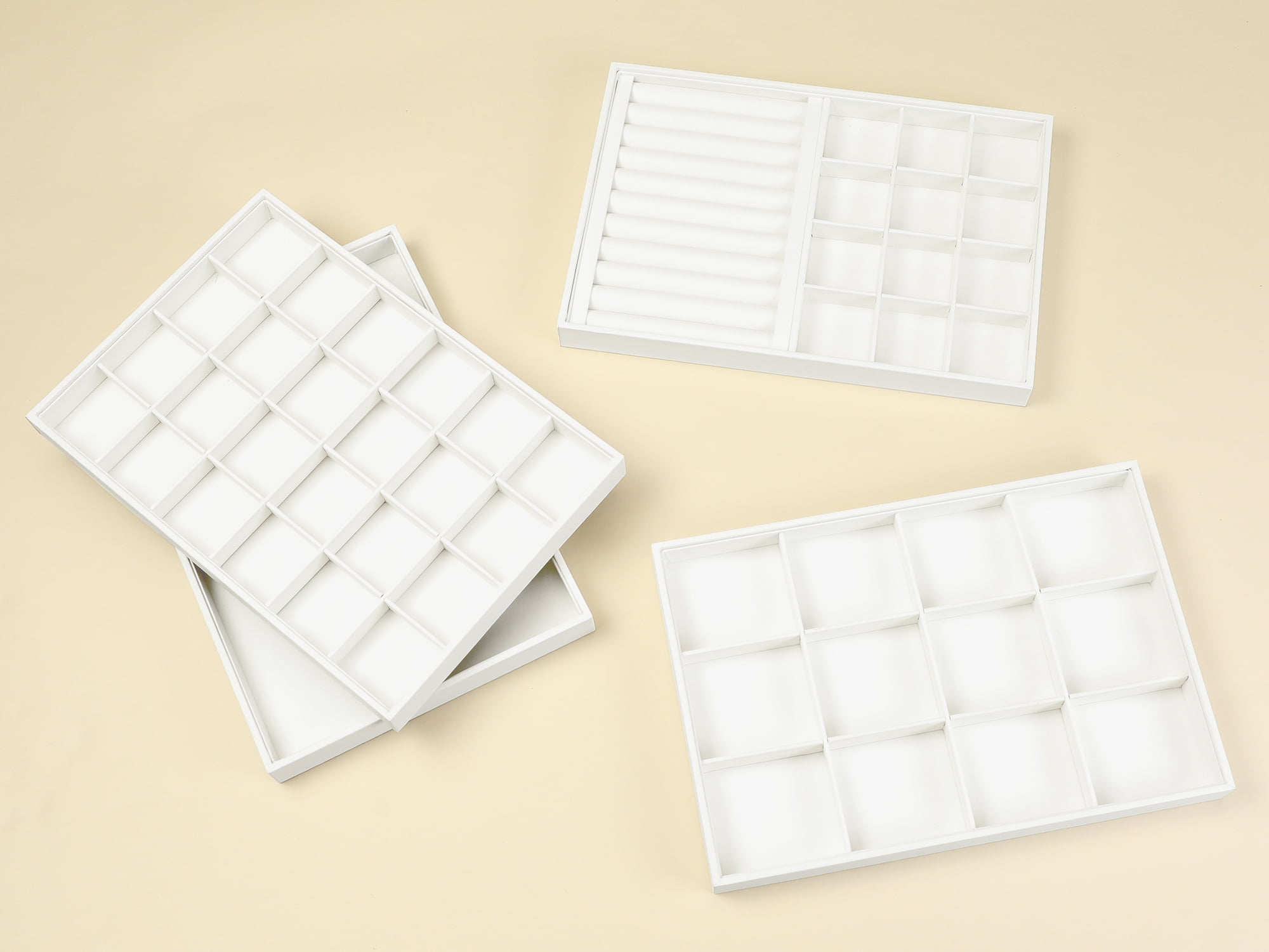 Unique Bargains Set of 2 Stackable Jewelry Organizers Trays with Removable Dividers White