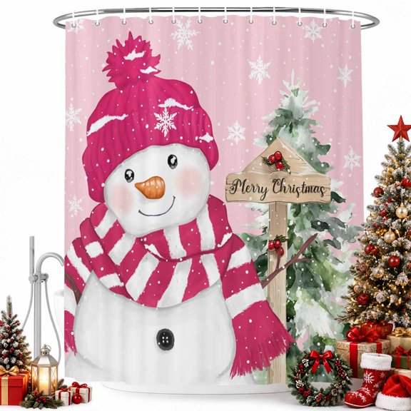 Pink Xmas Snowman Christmas Tree Shower Curtain for Bathroom, Winter Snowflake Seamless Waterproof Shower Curtains Washable Quick Dry with Hooks Bathtub Curtains 36x72IN