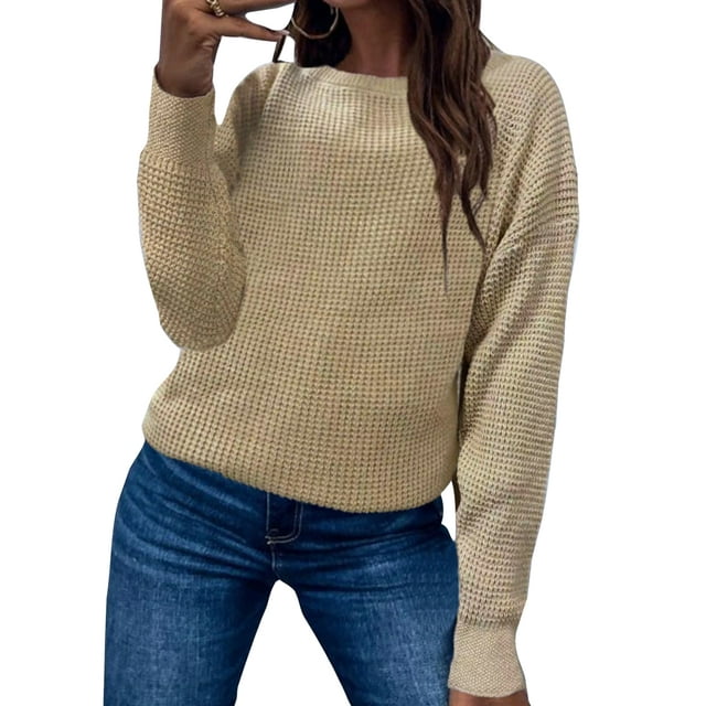 Daeful Jumper Tops Long Sleeve Pullover Solid Color Sweater Ladies Knitwear Basic Plain Knitted Sweaters Khaki XXL
