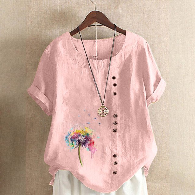 Fiudx Camisetas para Mujer Top de Manga Corta con Cuello Redondo y Botones Regulares con Estampado Sexy de Verano para Mujer