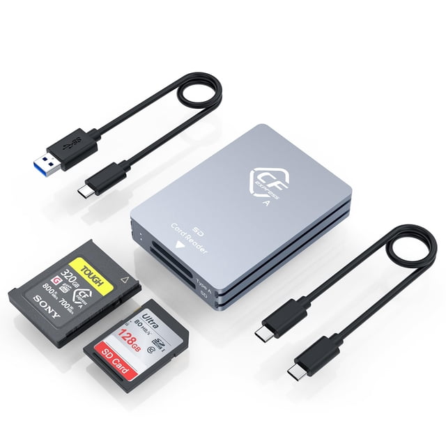 CFexpress Type A and SD Dual-Slot Memory Card Reader, 10Gbps USB 3.2 Gen 2 Type A CFexpress Adapter Memory Card Reader with USB C to USB C/USB A Cable,Compatible with Wi