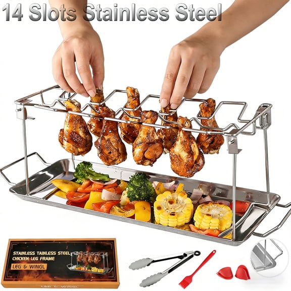 USIONE Stainless Steel Chicken Leg Rack with Drip Tray, 12 Slots Grill Rack for Chicken Wings & Drumsticks, BBQ Smoker Grill Accessories