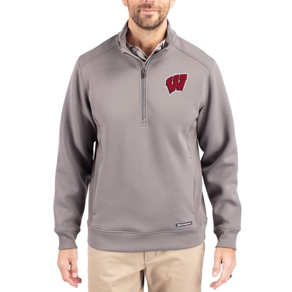 Men's-Cutter & Buck  Gray Wisconsin Badgers Roam Eco Recycled Quarter-Zip Pullover