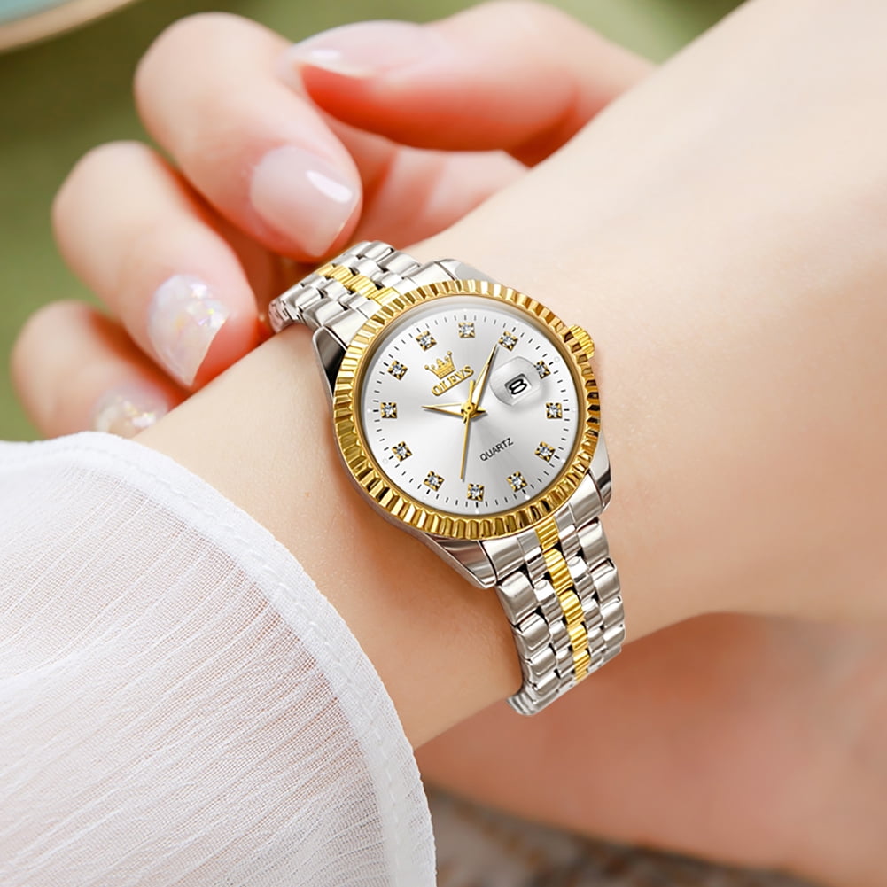 OLEVS Watches for Women Diamond with Date Luxury Female Waterproof Women Wrist Watch Analog Dress Quartz Stainless Steel Ladies Watch Luminous Calendar Women Watch Reloj para Mujer