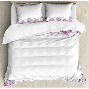 Floral Duvet Cover Set, Graphic Lilac Flower Blossoms on White Background Spring Nature Illustration, Decorative 3 Piece Bedding Set with 2 Pillow Shams, King Size, White and Lilac, by Ambesonne