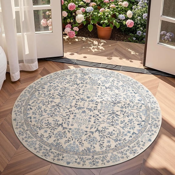 4 Foot Round Washable Floral Area Rug in Blue and Cream