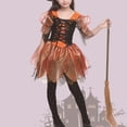 thumbnail image 2 of Virmaxy Halloween Costume Witch Dress V Neck Lace Up Corset Sheer Bell Sleeve Layered Tulle Skirt with Hat for Cosplay Party 2-13 Years, Orange, 2 of 9