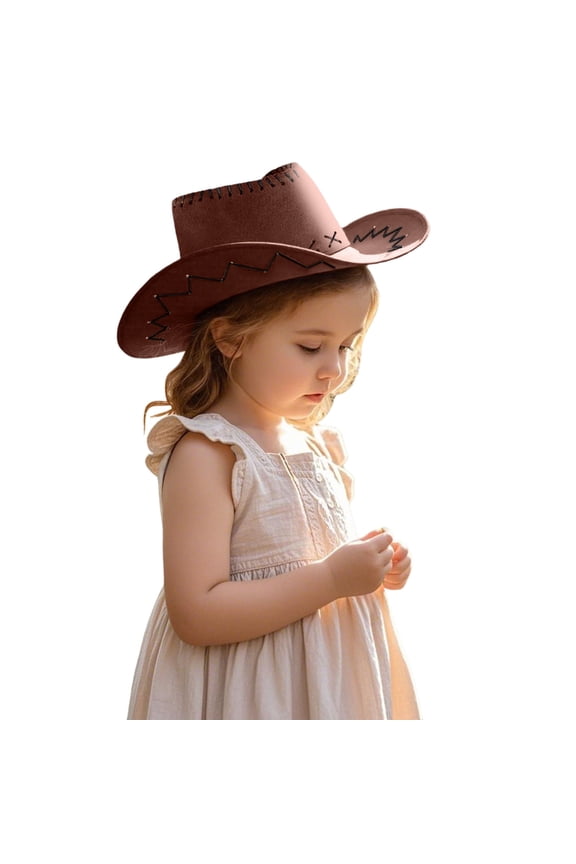 Kids Western Cowboy Hat with Strap Wide Brim Outdoor Performance Summer Sun Protection Beach Party Cap Brick Red