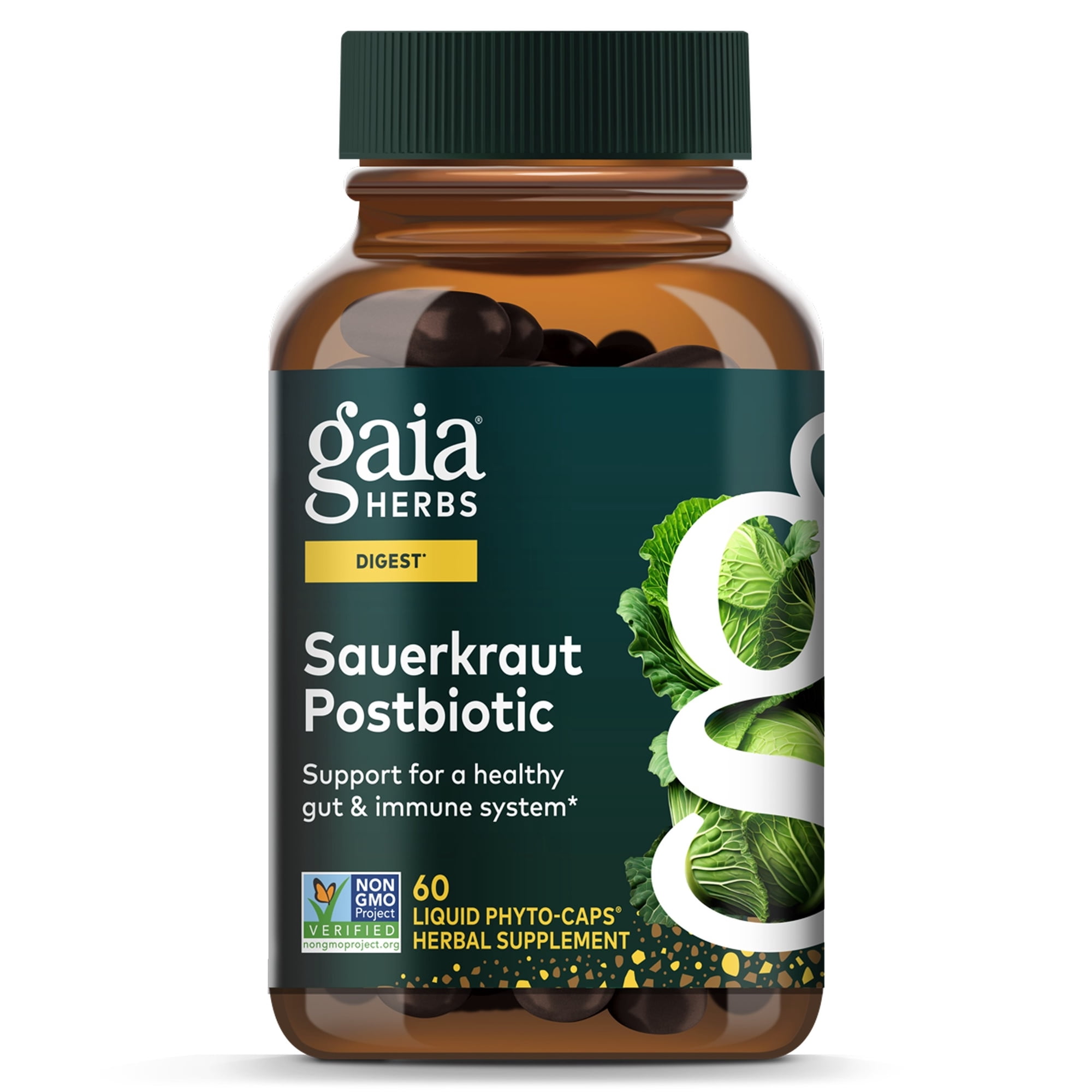 Gaia Herbs Sauerkraut Postbiotic - Gut Health & Immune Support Supplement* - Made with Fermented Sauerkraut - Free from Dairy, Soy & Gluten - 60 Vegan Liquid Phyto-Caps (30 Servings)