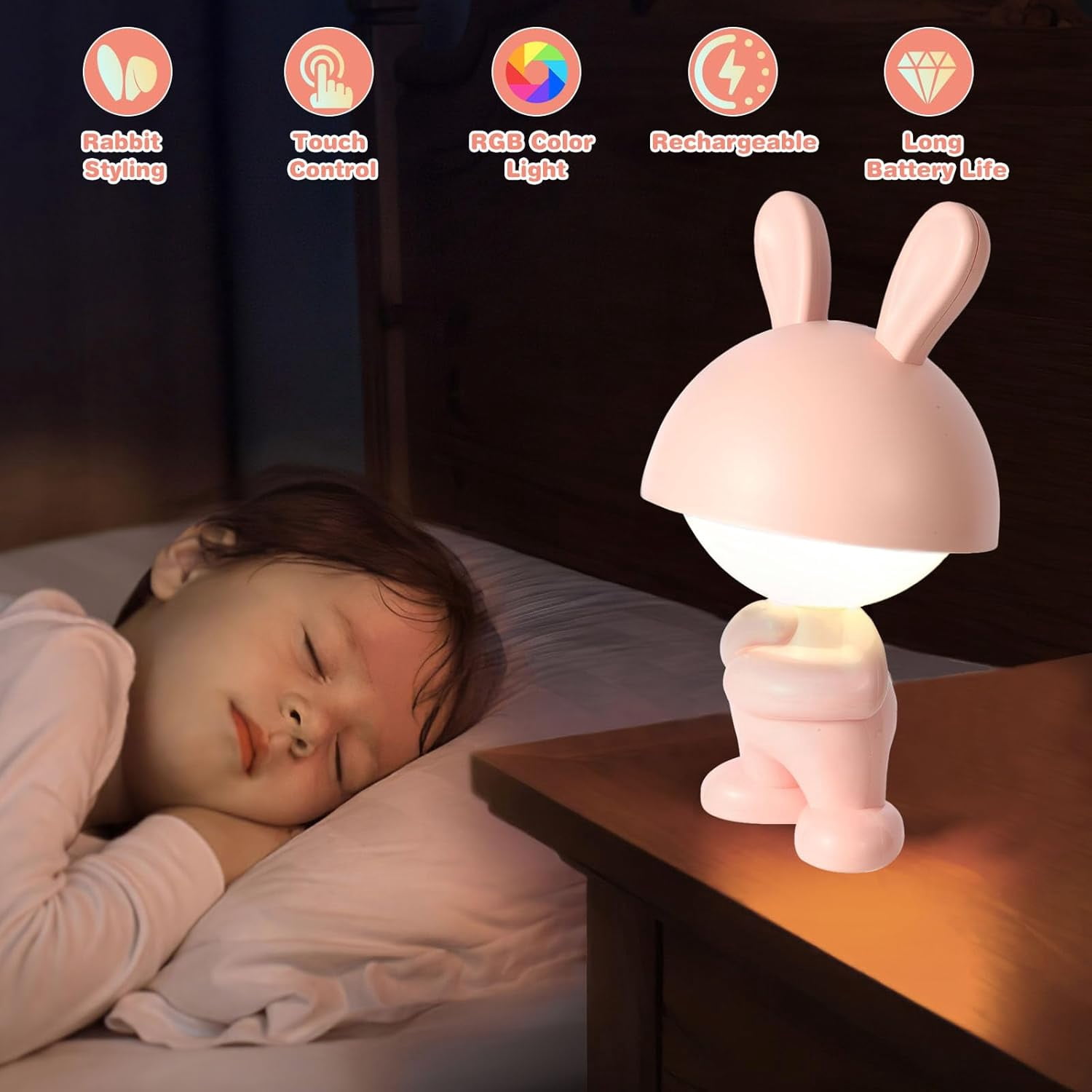 Rechargeable Rabbit Shape LED Dimmable Touch Desk Lamp Reading Night Light Cute Bunny Bedside Lamp (Pink)