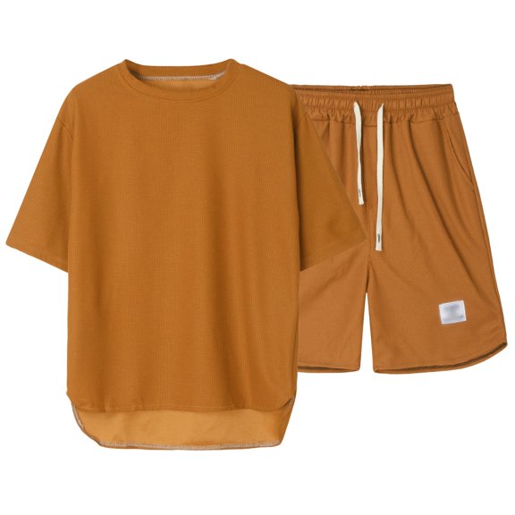 Puliio Men's Summer Waffle Knit Pajamas Set Short Sleeve Crew Neck Top & Shorts With Pockets Sleepwear Sets 2 Piece