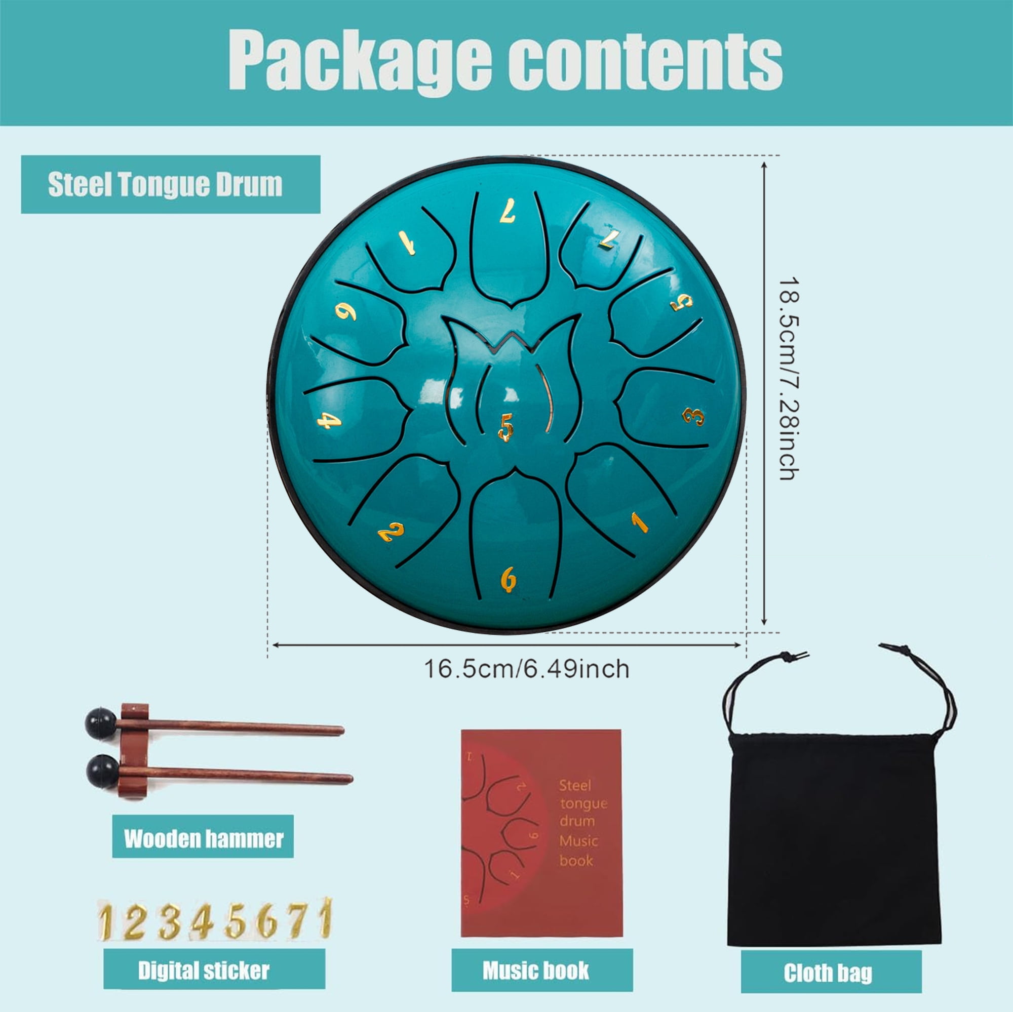 Steel Tongue Drum 11 Notes 6" , Rain Drum for Outside with Bag, Music Book, Mallets – Meditation & Yoga Steel Drum