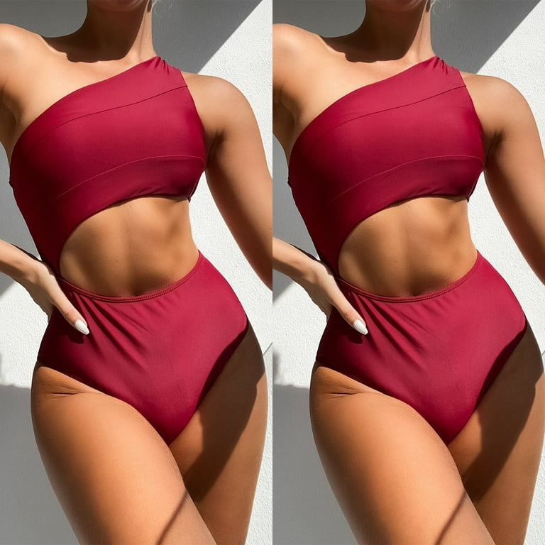CZHJS Women's Thong Bikini Clearance Two Piece Swimsuit for Women Solid  Color Lace up Cheeky One Shoulder Bathing Suits Swimwear High Waisted  Brazilian Bikini Summer Beach Outfit Sexy Red S 